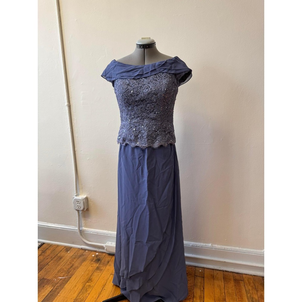 Strapless Evening Gown in Dusty Blue with Lace Bodice